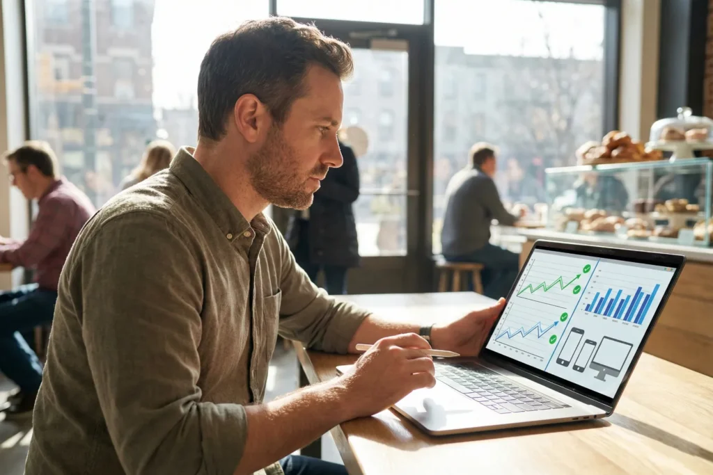 A man SEO analyst sits at a sunny café table while reviewing Google Search Console and Analytics charts on his laptop. The space feels warm and colourful with soft city details in the background.