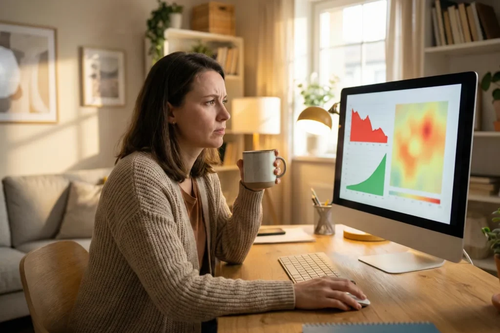 A woman website specialist sits in a cosy home office while studying bounce rate and engagement charts on a desktop monitor. The room feels warm and colourful with plants, books, and soft afternoon sunlight.