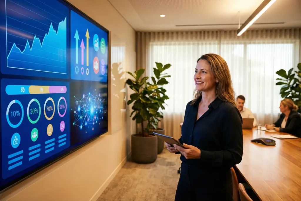 A woman marketing specialist stands in a modern meeting room beside a large screen filled with SEO growth charts and backlink visuals. The office has warm lighting, indoor plants, and a confident professional atmosphere.