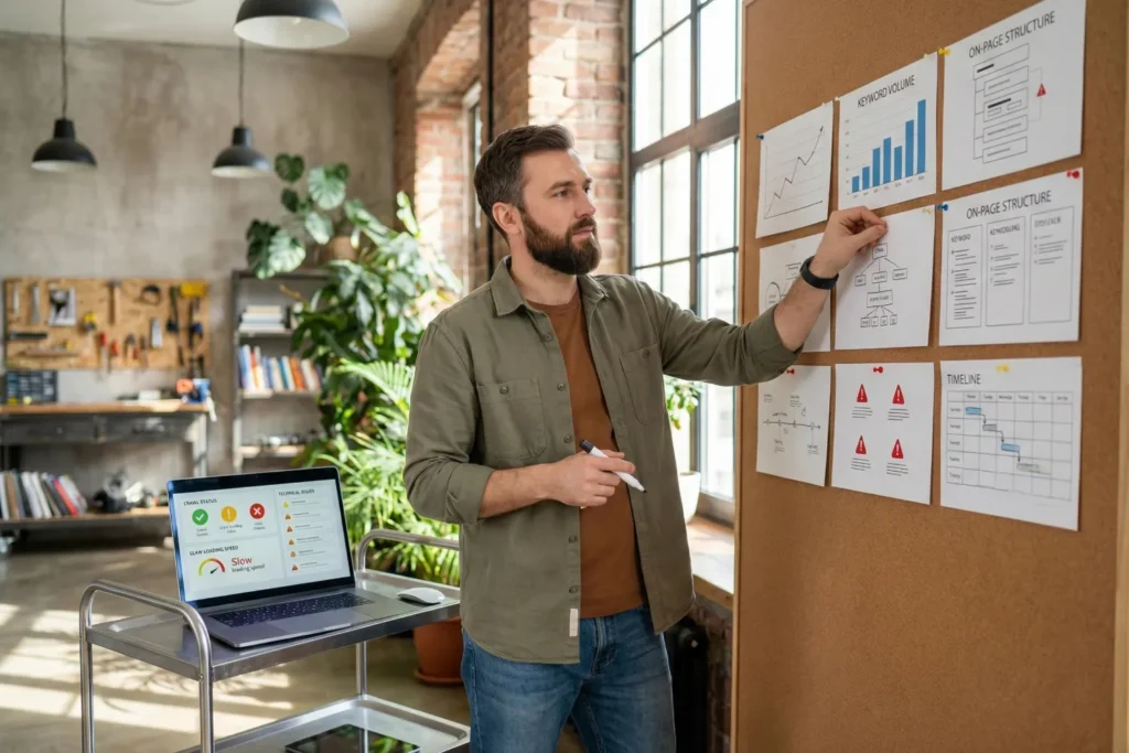 A man SEO specialist stands in a bright industrial office while pinning audit charts and keyword notes onto a corkboard wall. The space feels colourful and practical with exposed brick, warm lighting, and plants nearby.