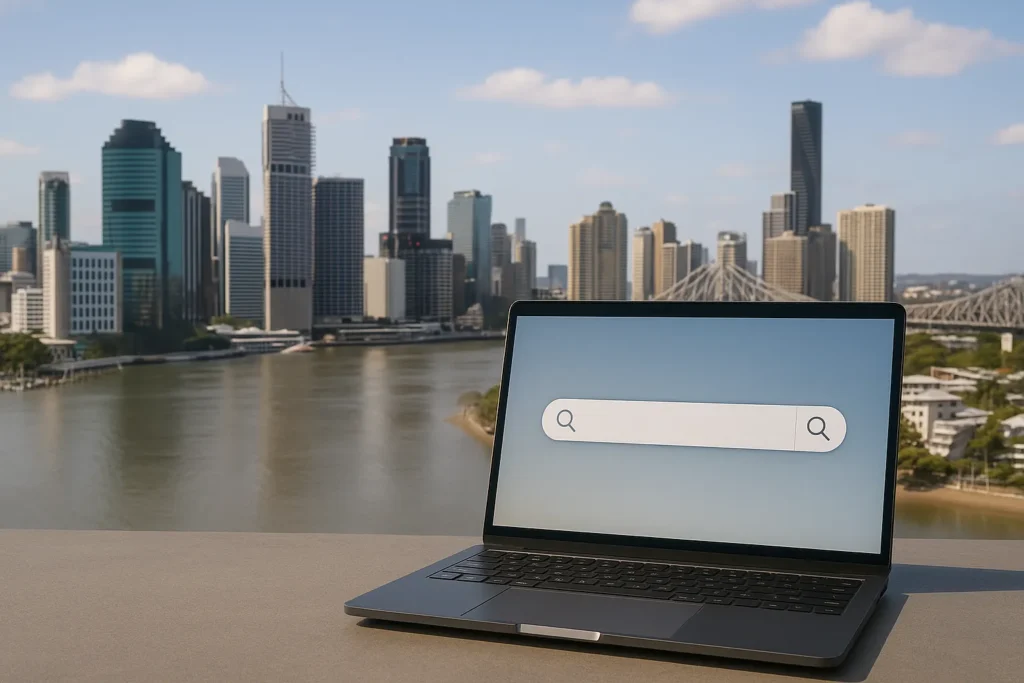 Laptop with search bar overlooking Brisbane city skyline