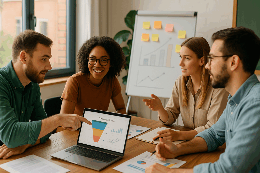 Team analysing conversion funnel strategy together