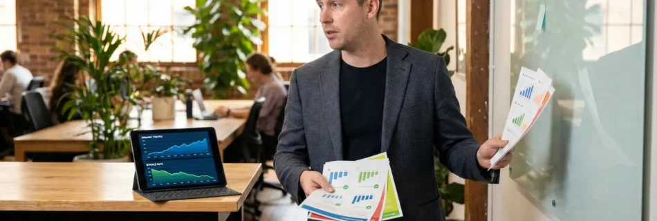 An SEO strategist stands in a bright coworking space while reviewing printed analytics reports, SEO performance, and a tablet with traffic charts. The room has warm sunlight, indoor plants, and a modern professional atmosphere.