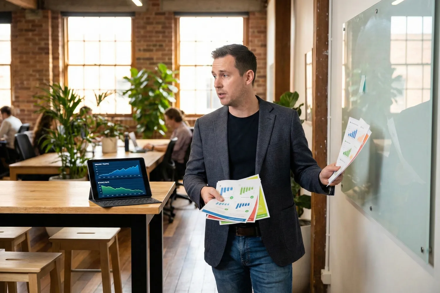 An SEO strategist stands in a bright coworking space while reviewing printed analytics reports, SEO performance, and a tablet with traffic charts. The room has warm sunlight, indoor plants, and a modern professional atmosphere.